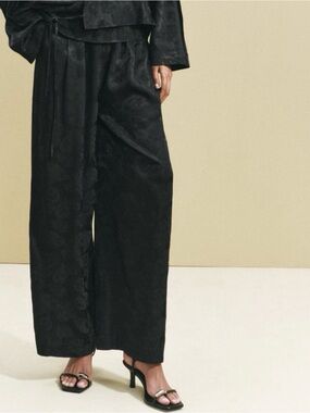 Zara Black High Rise Wide-Leg Jacquard Satin Pants. Size XL. NWT